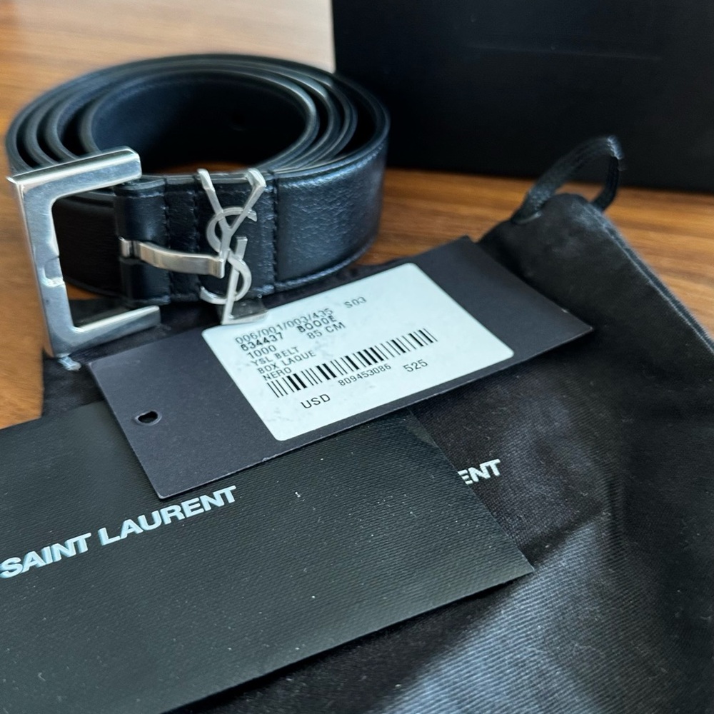 Saint Laurent Black Leather Belt with Silver Buckle